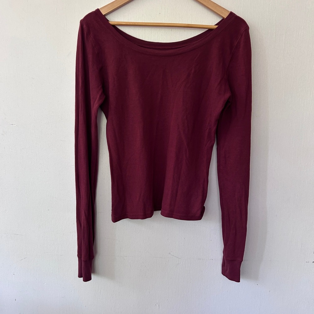 Brandy Melville Top Women OS Burgundy Scoop Neck Long Sleeve Ribbed Coquette